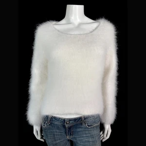 80% Angora Fuzzy Vintage White Balloon-Sleeve Pullover Sweater 34 in bust - Picture 1 of 10