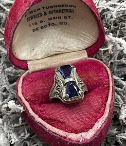 Antique 14K WG Genuine Sapphire Filigree Deco Ring - Picture 1 of 6