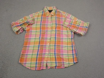 Jones New York Shirt Womens Large Pink Orange Plaid 100% Linen Colorful Summer - Image 1 of 4