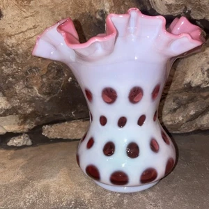 Vintage Fenton Opalescent Cranberry Red White Coin Dot Ruffled Flower Vase * - Picture 1 of 8