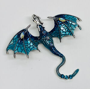 Large Winged Dragon Blue Enamel Rhinestones Lapel Brooch Pin Jewelry Decor c3