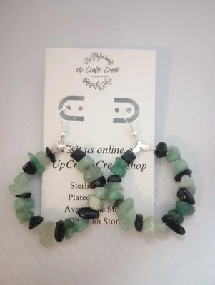 Hoop Earrings Aventurine and Obsidian Stones Sterling Silver Plated Earwires - Image 1 of 4