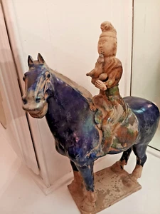 Tang Dynasty Sancai glasiert kolbaltblau Pferd Reiter Falkner NOmark 14" hoch EXLT - Bild 1 von 11