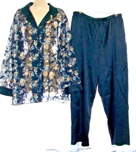NWT SECRET TREASURES PLUS 2X NAVY PAJAMA SET~SATIN PANTS~SEMI SHEER FLORAL TOP - Picture 1 of 11