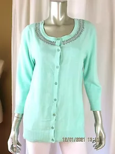 AGB SZ L NWD/NWOT 100% Cotton Ice Blue/Green Studded Neckline Cardigan Sweater - Picture 1 of 12