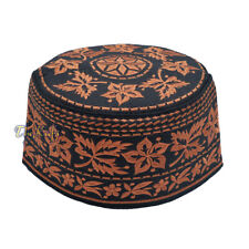 Omani African Kufi Hat 4-inch Tall Round EMBROIDERED RUST BROWN CAP