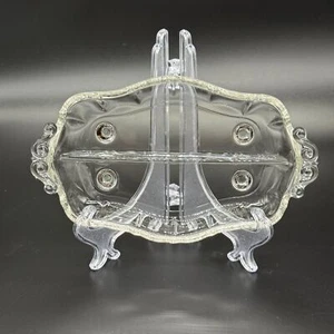Vintage Elegant Divided Glass Tray With Etched Floral Design & Ornate Handles - Picture 1 of 8
