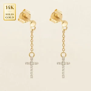 Pendientes colgantes de perno cruzado de diamantes de oro liso de 14 K - Imagen 1 de 6