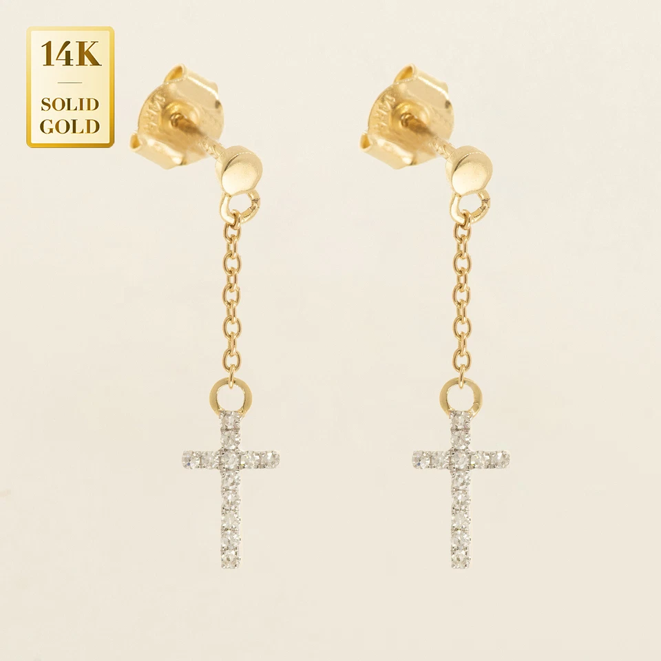 Aretes colgantes con cruz de diamantes de oro macizo de 14K REALES Foto 1 de 1
