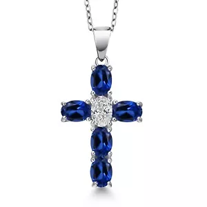 925 Sterling Silver Created Sapphire and Lab Grown Diamond Cross Pendant - Picture 1 of 6