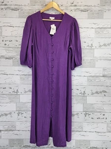 J Jill Linen Blend Button Down 3/4 Puff Sleeve V Neck Dress Womens Petite Large - Picture 1 of 12