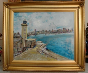 FRAMED ORIGINAL OIL VIEW OF HAVANA & BAY FROM EL MORRO, CUBA ARTIST: HECTO VIDAL - Picture 1 of 24