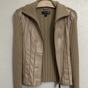 BEBE Leather Ribbed Knit Long Sleeve Jacket Blazer Tan Lined Sz M - Picture 1 of 7