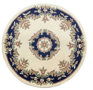 Indian Aubusson Cream Blue Wool Traditional Rug Round 4' 120cm Diameter Chinese - Picture 1 of 1