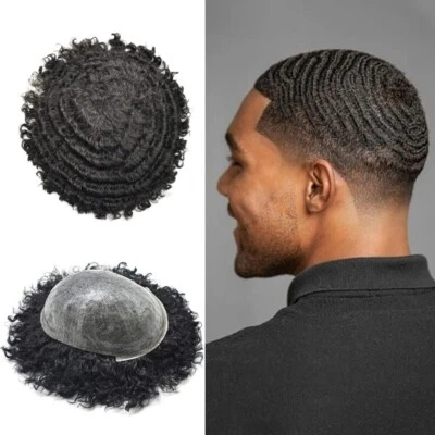 Toupee for Black Men Afro Curl Human Hairpiece Afro Wave Hair Units - Image 1 of 4