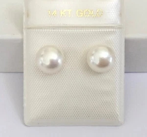 White Cultured Freshwater Pearl 7.5 - 8 mm Solid 14K Gold Stud Earrings NEW - Picture 1 of 11