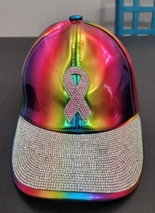 Rainbow BREAST CANCER Blinged Out Vera New York Adjustable Cap Shiny Hat - Picture 1 of 5
