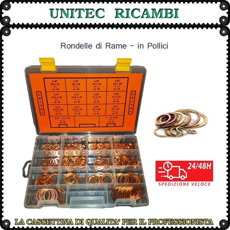 UNITEC Rondelle rame scatola in pollici cassetta assortimento da 260 pz