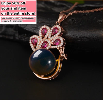 Amber Crystal Pendant Necklace 18K Gold Plated Chain Peacock Dainty Gemstone - Image 1 of 4