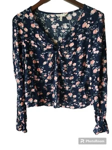 REBECCA TAYLOR Women's Long Sleeve Crop Length Floral Print O Ring Blouse Top S - Picture 1 of 6