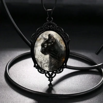 Kitty Gothic Pendant Jewelry Vintage Black Cat Magical Feline Necklace D - Image 1 of 3