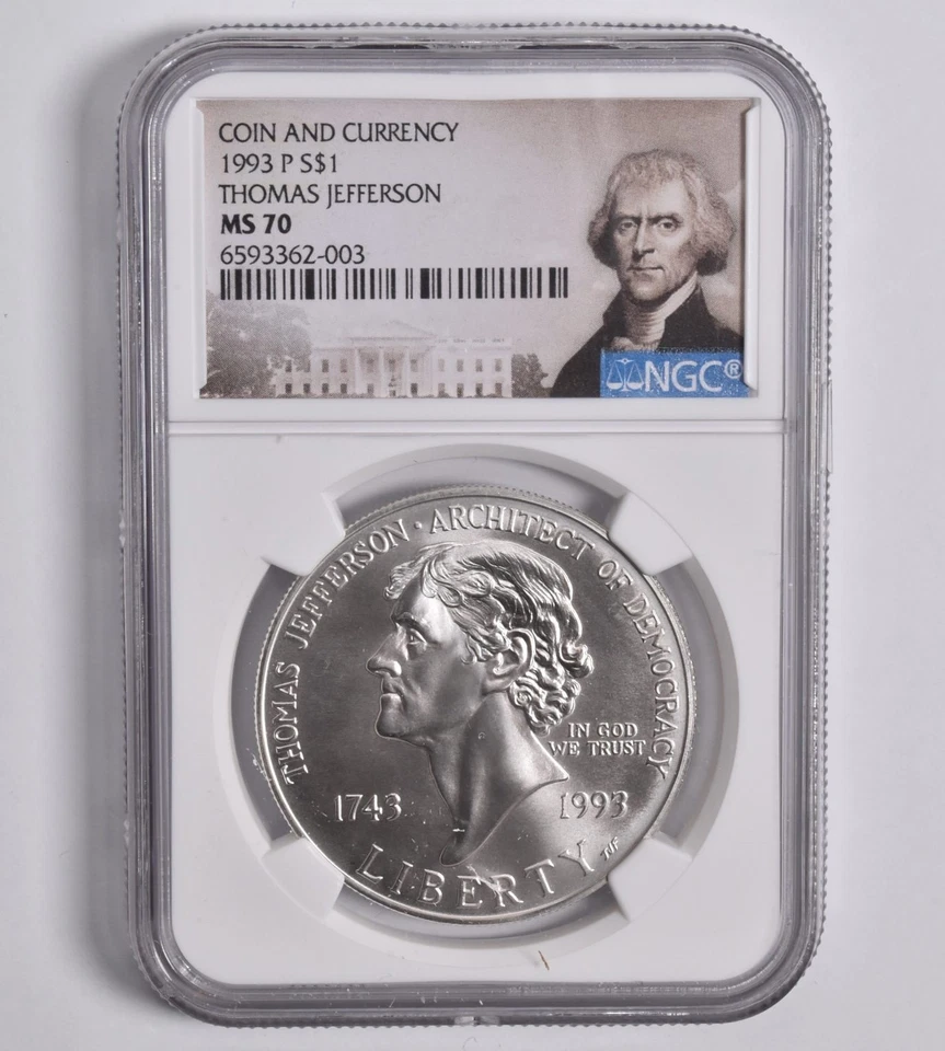 MS70 1993-P Jefferson Commem. Silver Dollar Coin & Currency NGC Face Lbl *7213 - Image 1 of 4
