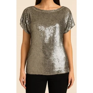 Blusa Top Alice & Olivia Lentejuelas Brillo Cuello Redondo NUEVA Disco Plateada Talla XS $368 - Imagen 1 de 10