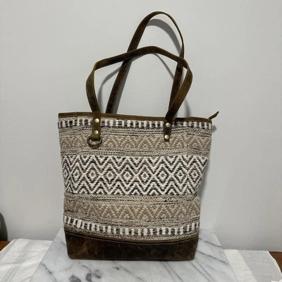 Myra Bag Canvas Leather Large Weekender Tote Khaki Geometric Print Cowhide Trim - Image 1 of 4