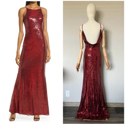 NUEVO CON ETIQUETAS $148 Vestido de Celebración Lulus Chic Talla S Rojo Lentejuelas Capucha Larga Espalda Maxi Foto 1 de 4