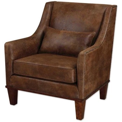 Uttermost Clay Transitional Wood Faux Leather and Foam Arm Chair in Brown - Image 1 of 4