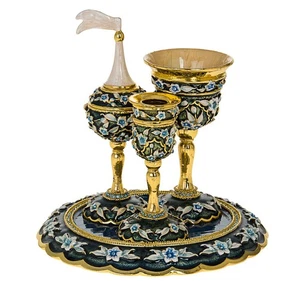 Jeweled Metal 4 pc. Havdalah Set Blue BG Gold & Blue Flowers By Karshi  - Picture 1 of 1