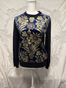 Tory Burch Hollis Cosmic Floral Velvet Foiled Gold Metallic Sweater Medium - Picture 1 of 8