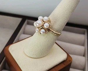 Vintage SOLID 14k Yellow Gold Ring With 7 Pearls Stunning Flower Us Size 7.5 - Picture 1 of 17