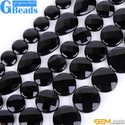 Black Agate Natural Gemstone Onyx Faceted Coin Beads For Jewelry Making 15" GB - Image 1 of 4