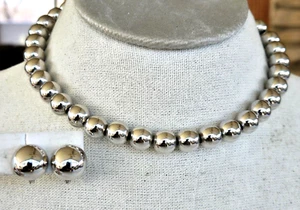 Vtg Ball Bead Silver Tone Choker Adjustable Necklace & Monet Clip Earrings Set - Picture 1 of 11