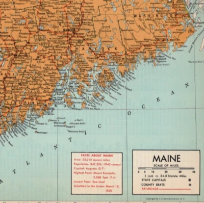 MAPA DEL CONDADO DE MAINE - Con índice inverso de ciudades y población 1948 impresión vintage Foto 1 de 3