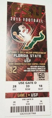 2015 Florida State Seminoles South Florida Football Ticket Stub Cover