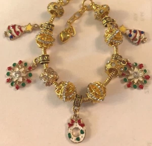 ❤️European GOLD PL. CHARM BEADS CHRISTMAS BRACELET 🎄 w/ Gold Plated Chain #5❤️ - Picture 1 of 4