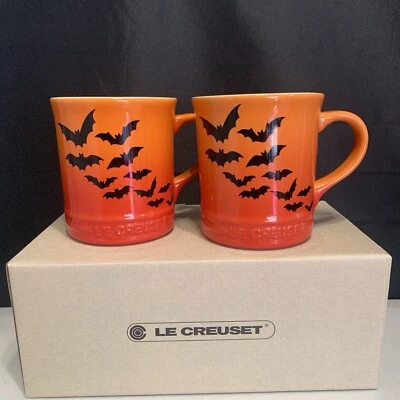 Set of 2 Le Creuset Mug with Black Bats Halloween 14 OZ - Flame  Orange - NEW - Image 1 of 4
