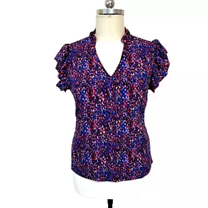 Emery Rose - Blue,Red Multicolor Abstract Ruffled Shoulder Sleeveless VNeck Tank - Picture 1 of 11