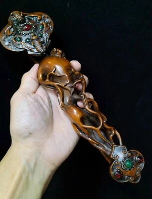 10.6" Collect China Box-Wood Hand Carving Inlaid Opal “人生如意” Lucky Ruyi Statue - Image 1 of 4