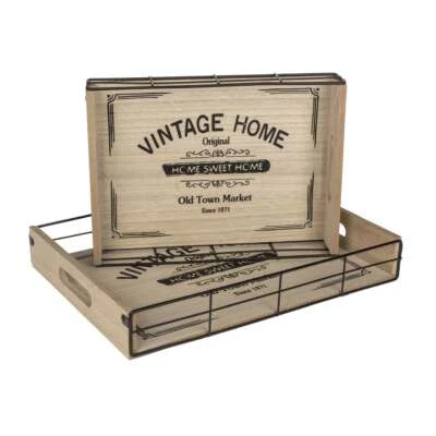 2er-Set Holz/Metall Tablett Vintage Home Serviertablett Holztablett Dekotablett  - Bild 1 von 2