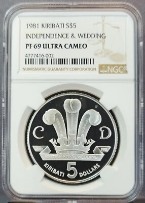 1981 KIRIBATI SILVER 5 DOLLARS ROYAL WEDDING NGC PF 69 ULTRA CAMEO TOP POP 1 - Image 1 of 3