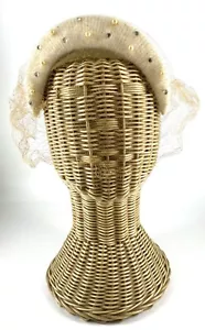 VTG-Cream Knitted Triangle Hat w/Brim - Netting, pearls Rhinestones-Prop-Staging - Picture 1 of 7