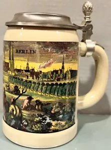 Vintage Old Germany Berlin Stoneware Beer Stein Pewter Lid Cup Mug Collectible - Picture 1 of 17