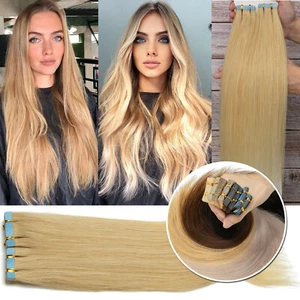 10-80pcs Thick-Glue Tape In Skin Weft 100%Real Human Remy Hair Extensions Blonde - Picture 1 of 66