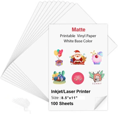 100 Printable Vinyl Sticker Paper Matte 8.5 x 11 for Cricut Inkjet Laser Printer - Image 1 of 4