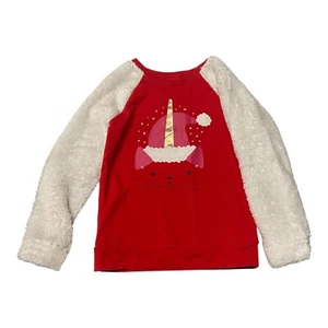Girls Fuzzy White Red Unicorn Kitty Cat Santa Clause Holiday Sweatshirt - Picture 1 of 8