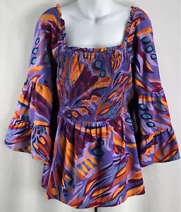 NWT Smocked tunic Top IX Purple Geo Ruffle Bell sleeve pleated Funky Boho Hippie - Picture 1 of 4