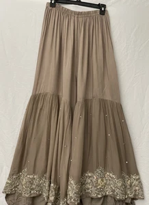 Pantalone Elastico Sharara Largo Taglia M Pantalone Boho Marrone Ricamato Strass - Foto 1 di 9